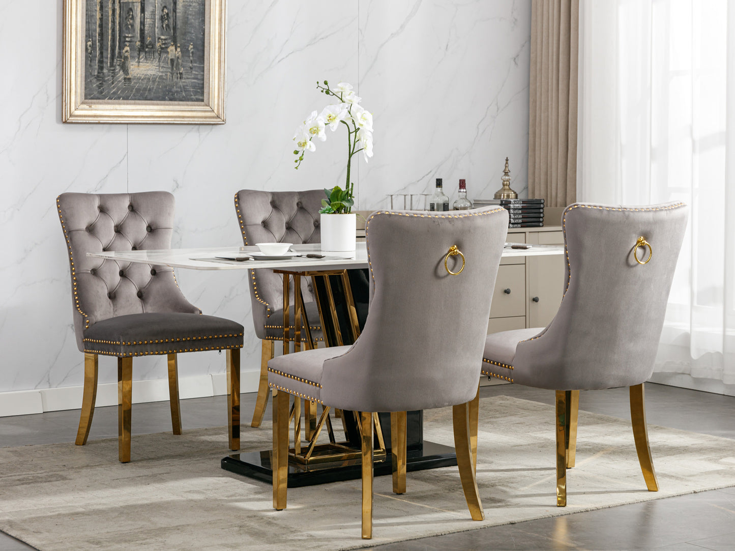 Tufted solid wood velvet cushioned dining chair, gold-plated stainless steel nail leg heads, 2 pieces in gray and gold