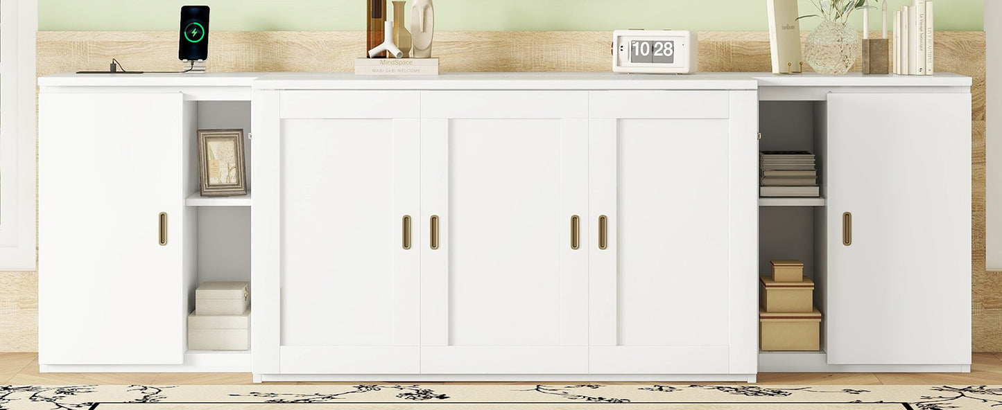 Full Size Murphy Bed with Shelves, Cabinets, and USB Ports, Space-Saving Design in White Finish