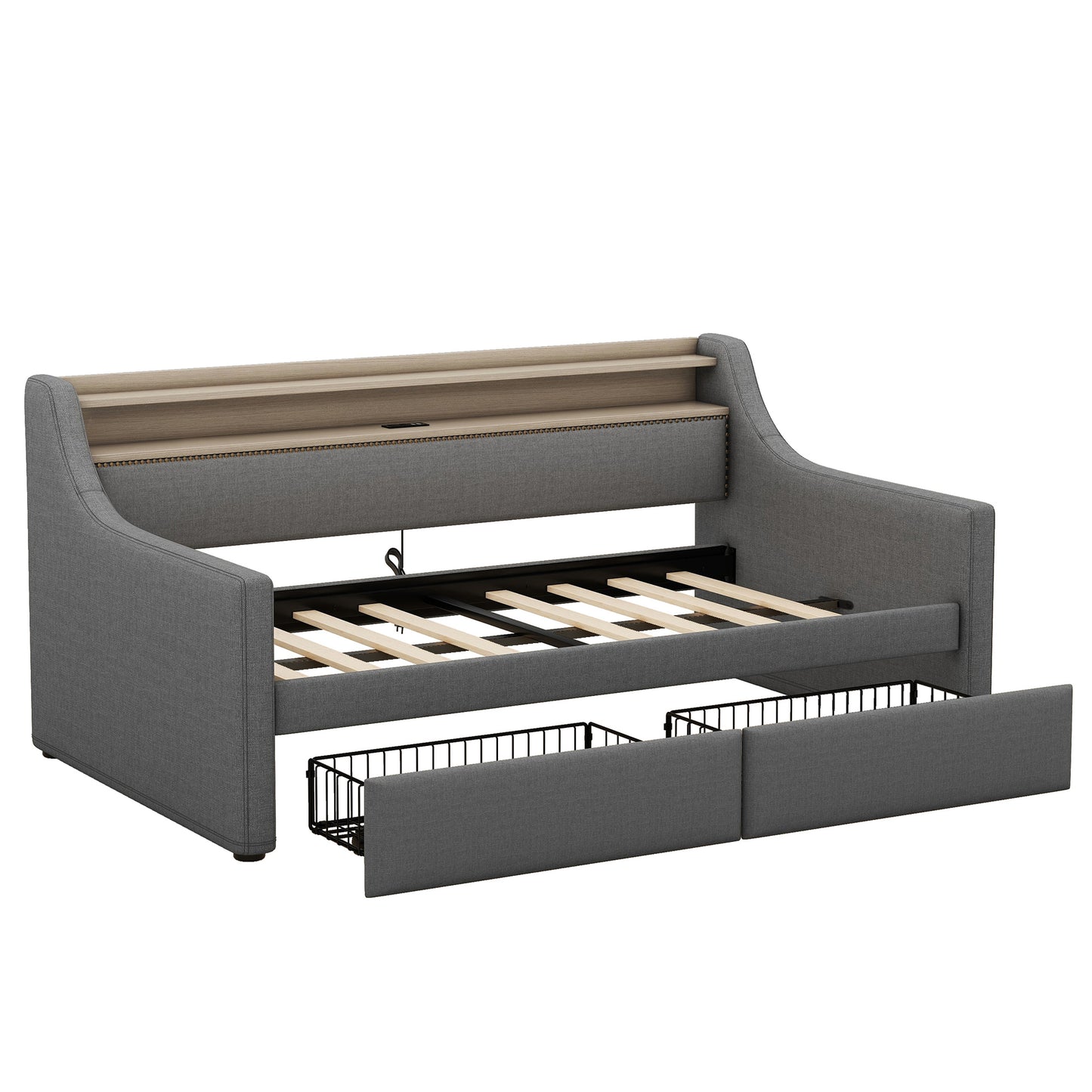 Twin Size Daybed with Storage Drawers, Upholstered Daybed with Charging Station and LED Lights, Gray