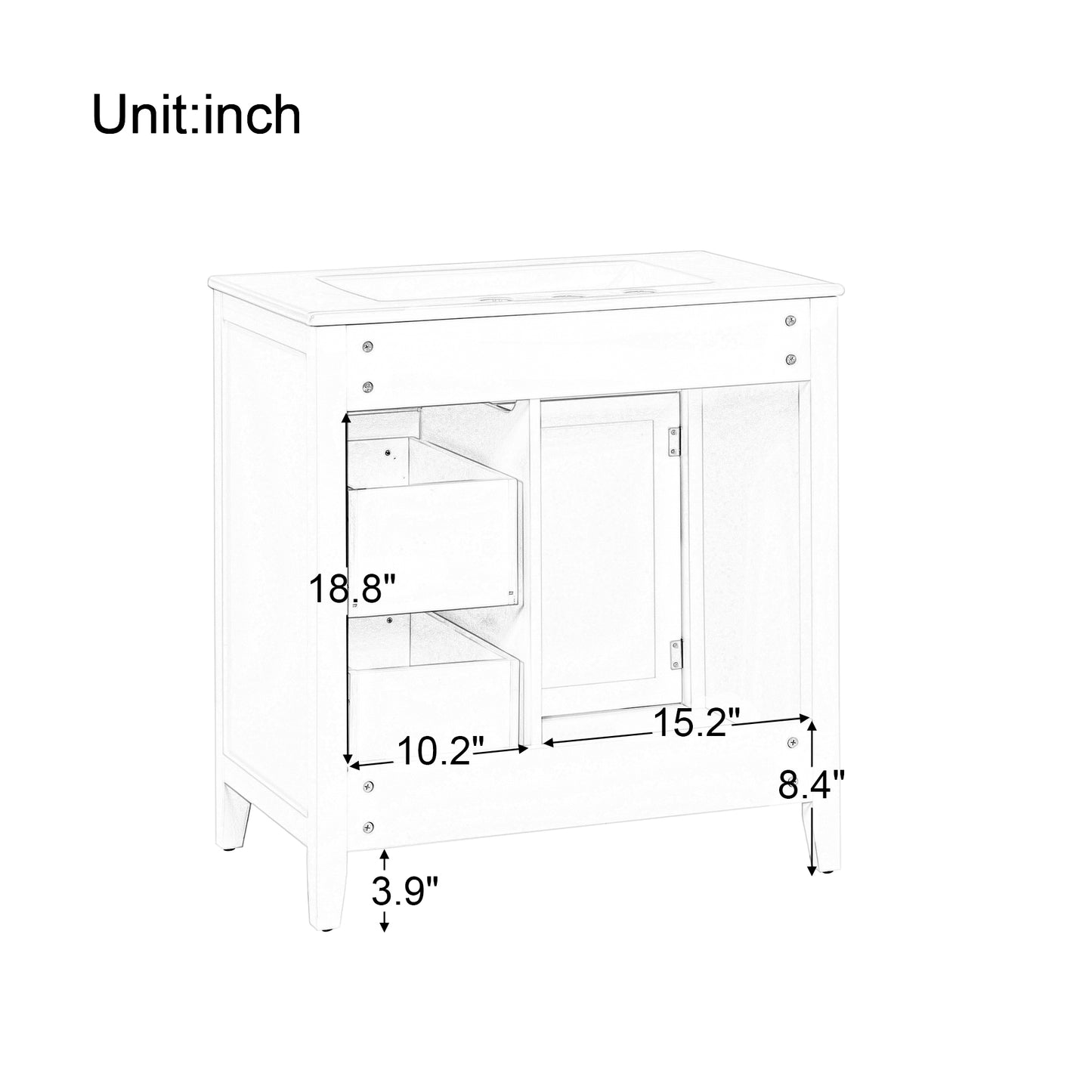 Mueble de baño de 30" con encimera de lavabo, armario de madera maciza con puerta y dos cajones, color verde