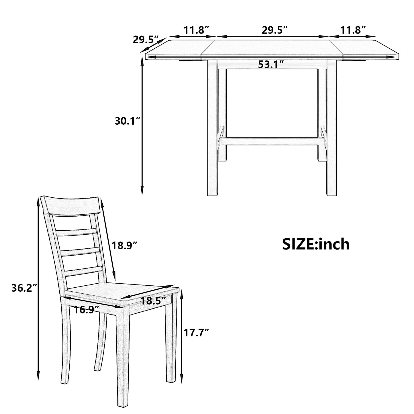 Juego de comedor TOPMAX de 5 piezas con lámpara colgante de madera cuadrada, mesa expandible y 4 sillas con respaldo en forma de escalera, color gris