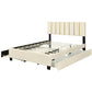 Queen Size Upholstered Platform Bed with 2 Drawers and 1 Trundle, Classic Metal Strip Headboard Design, Beige