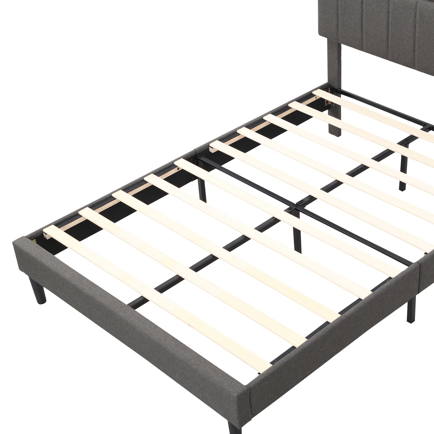 Cama de plataforma tapizada de tamaño completo con cabecera de almacenamiento y puerto USB, tela de lino en color gris