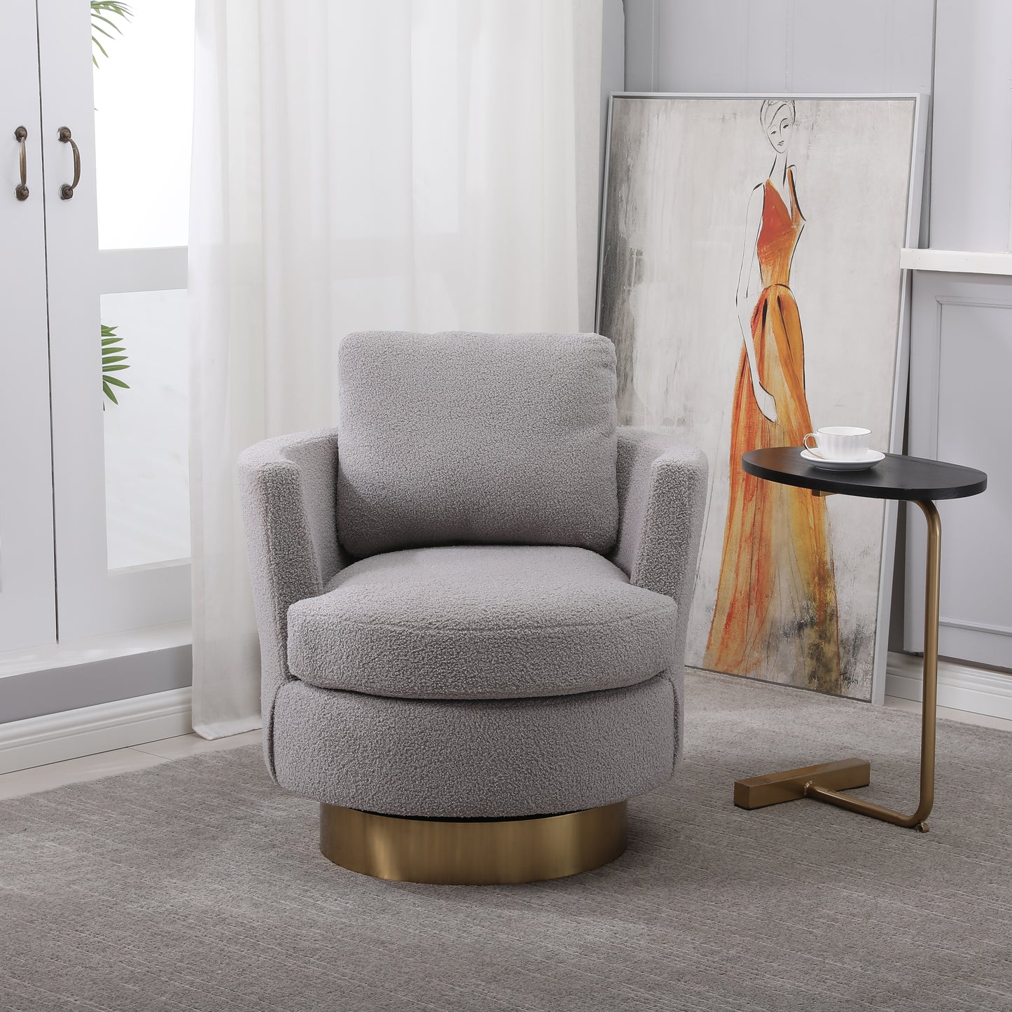 Teddy Rotating Bucket Chair with Gold Stainless Steel Base, Comfortable Armchair for Living Rooms, Gray Finish