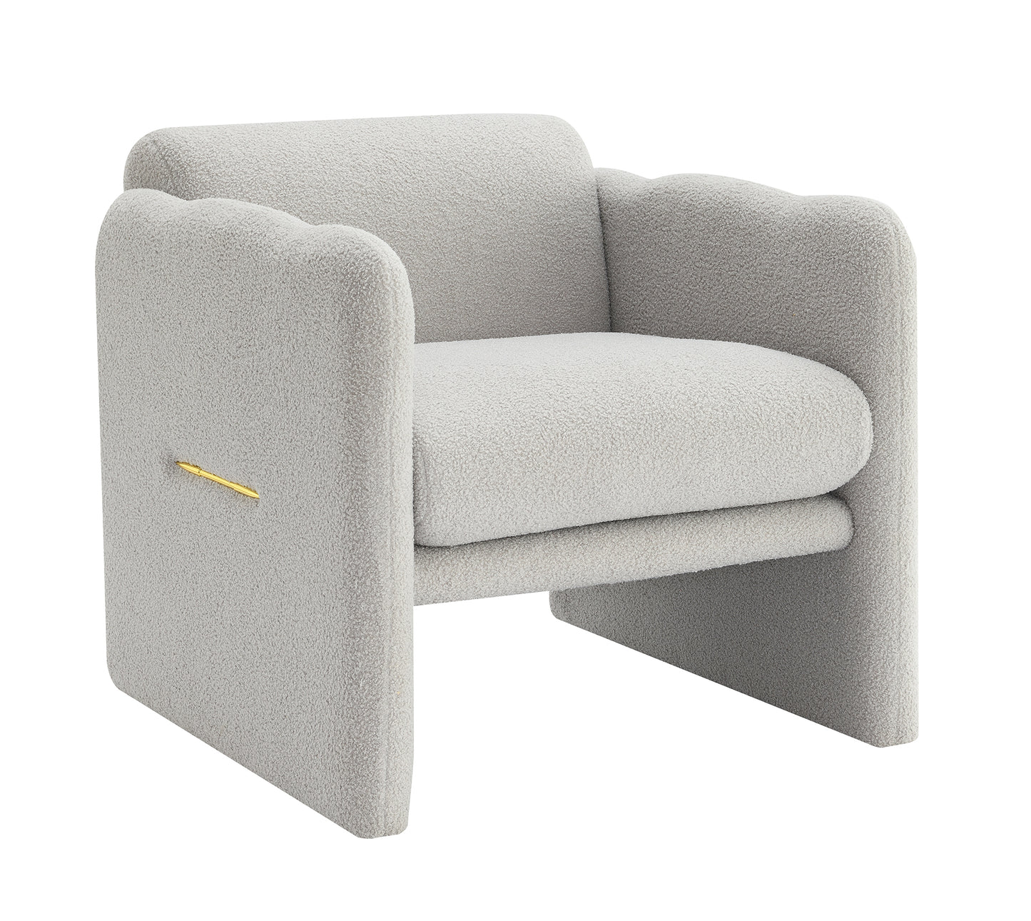 Armchair with wavy armrests, metal decorations on both sides of the armrests, made of Teddy cloth, light gray