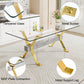 Modern Tempered Glass Dining Table, Large Office Desk with Gold Plated Metal Legs and MDF Crossbars