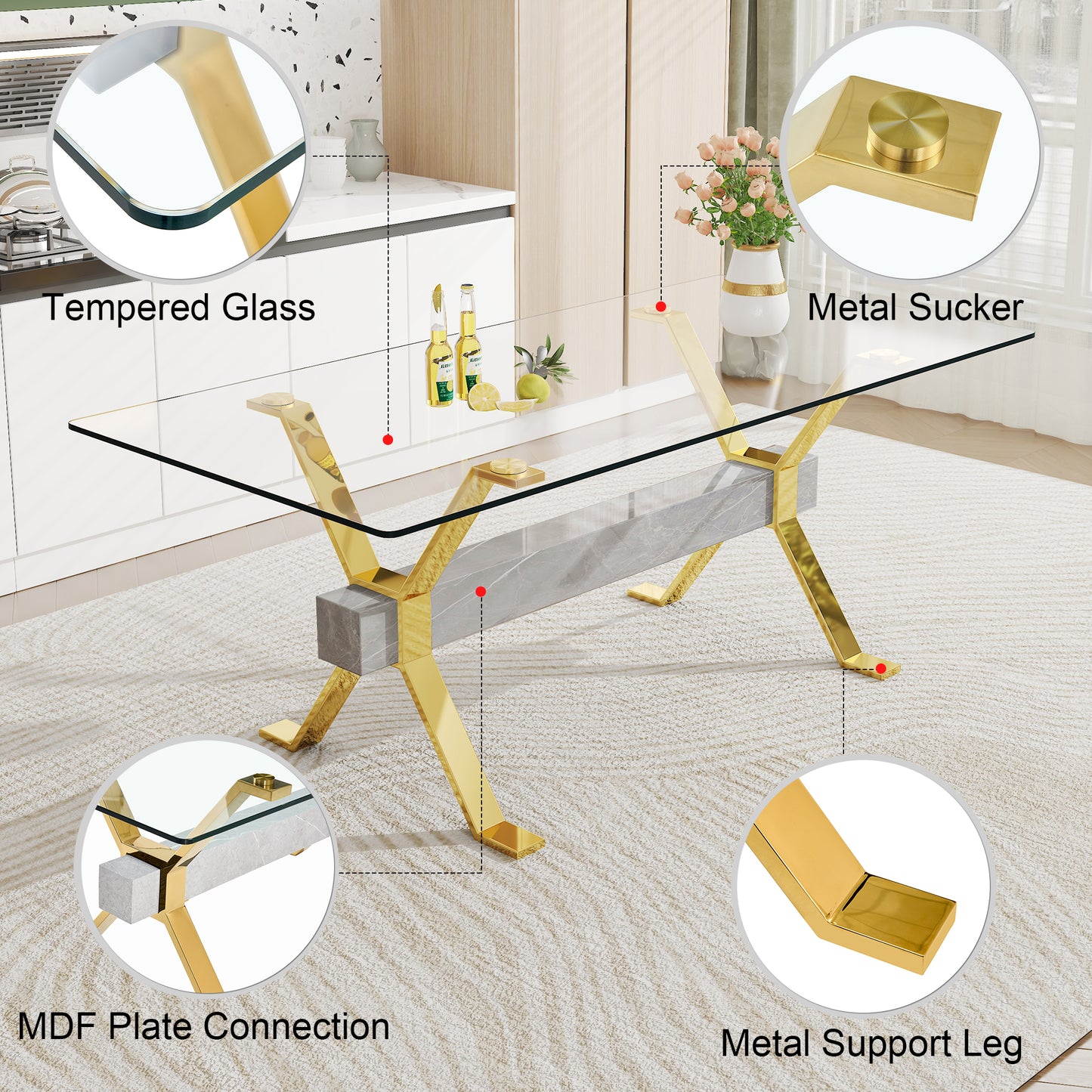 Mesa de comedor moderna de vidrio templado, escritorio de oficina grande con patas de metal chapado en oro y barras transversales de MDF