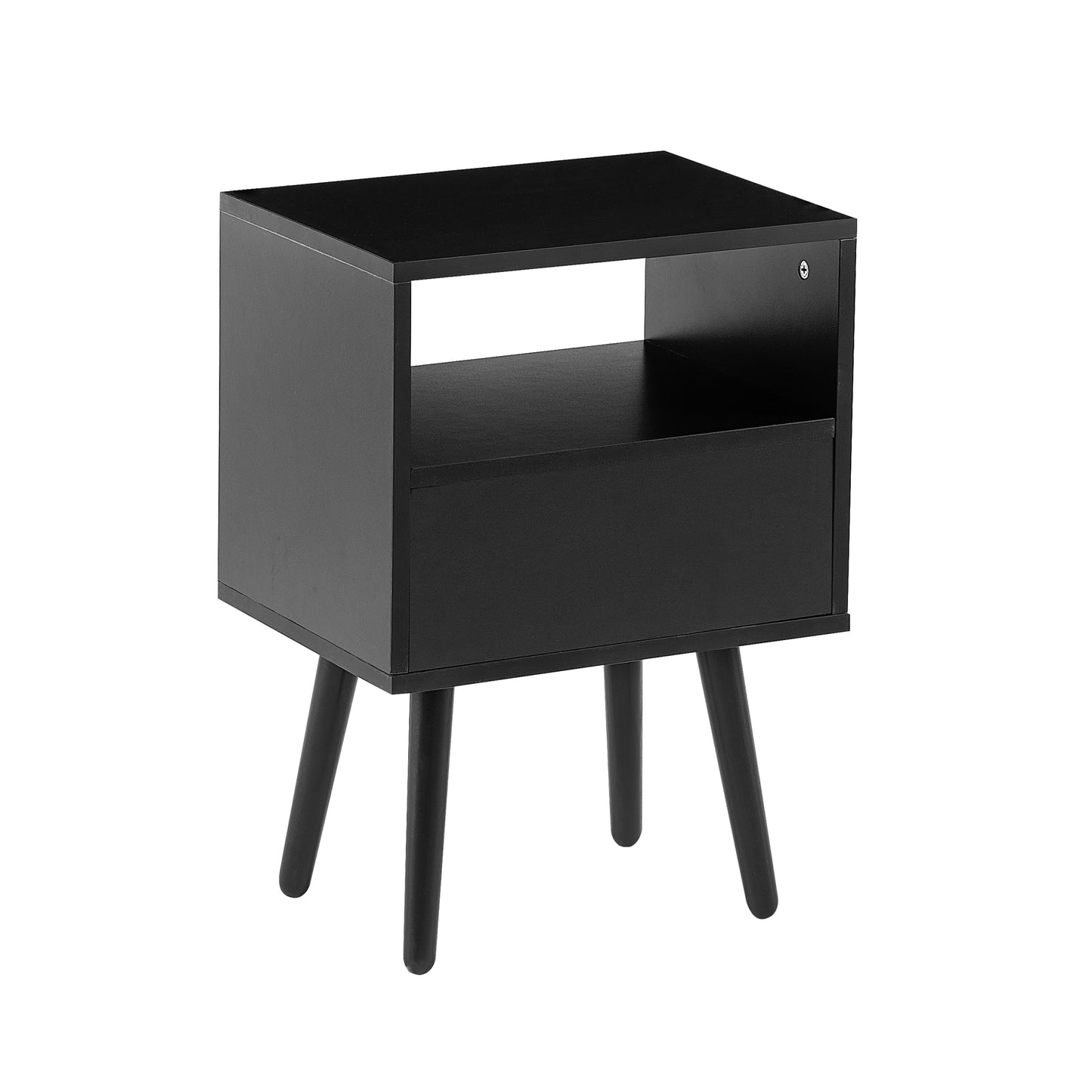 Rattan End table with drawer and solid wood legs Modern nightstand side table for living room black