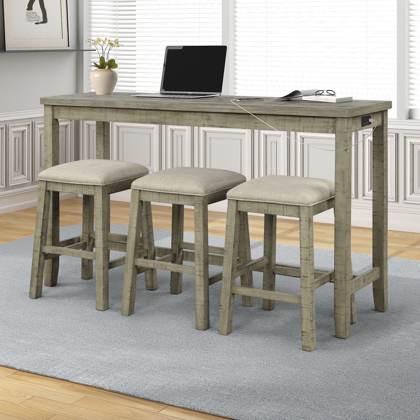 TOPMAX 4-Piece Counter Height Table Set with Fabric Padded Stools, Rustic Bar Dining Set in Gray Green