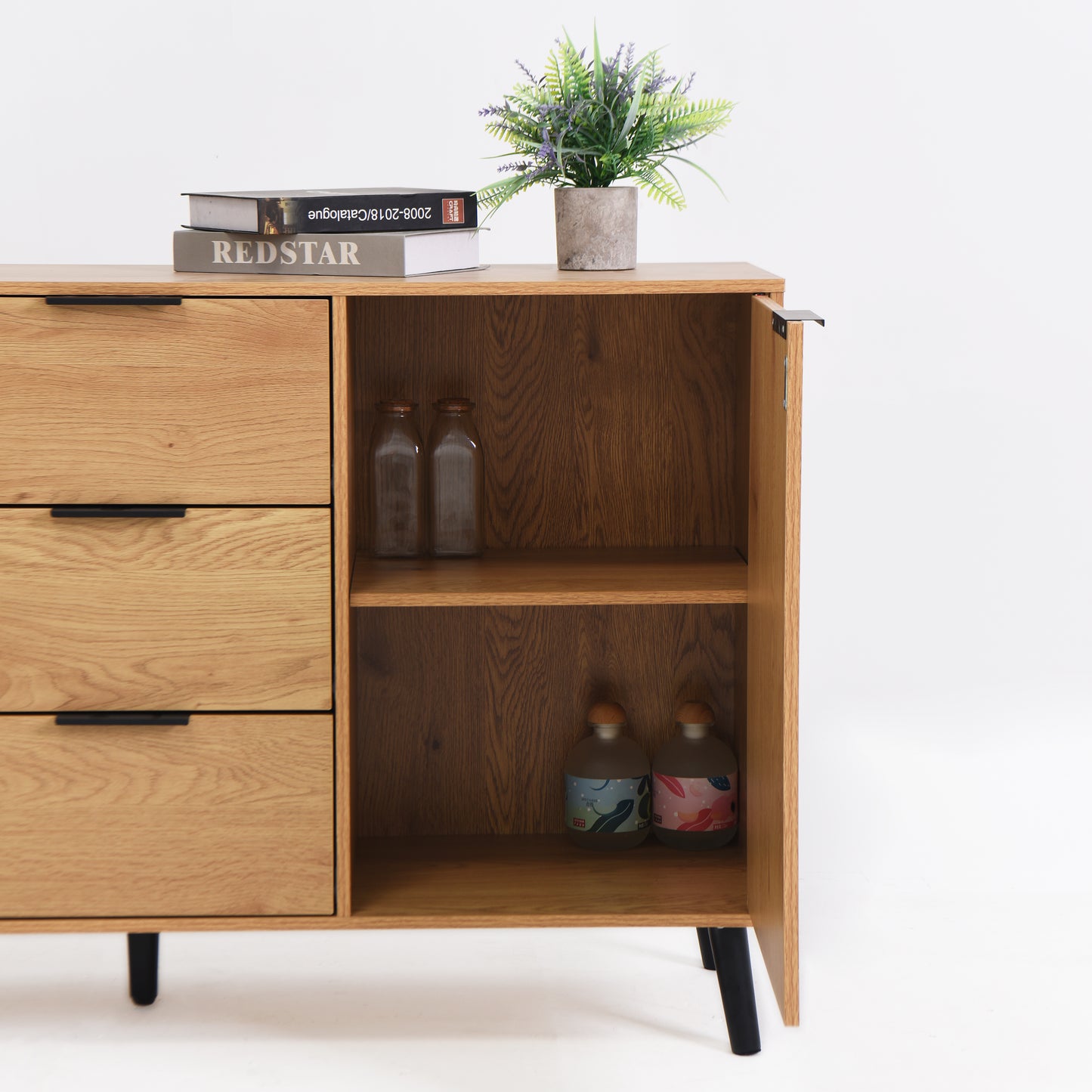 Side Panel Buffet Cabinet with 3 Drawers and 2 Doors, Natural Wood Finish for Kitchens and Dining Rooms