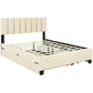 Queen Size Upholstered Platform Bed with 2 Drawers and 1 Trundle, Classic Metal Strip Headboard Design, Beige