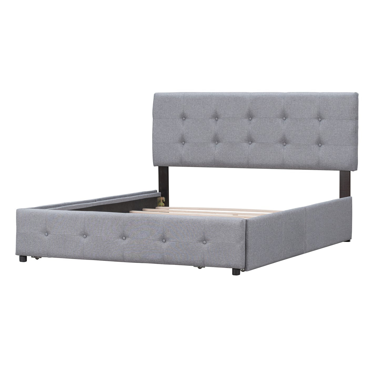 Upholstered Platform Bed with Classic Headboard and 4 Drawers No Box Spring Needed Linen Fabric Queen Size Light Gray