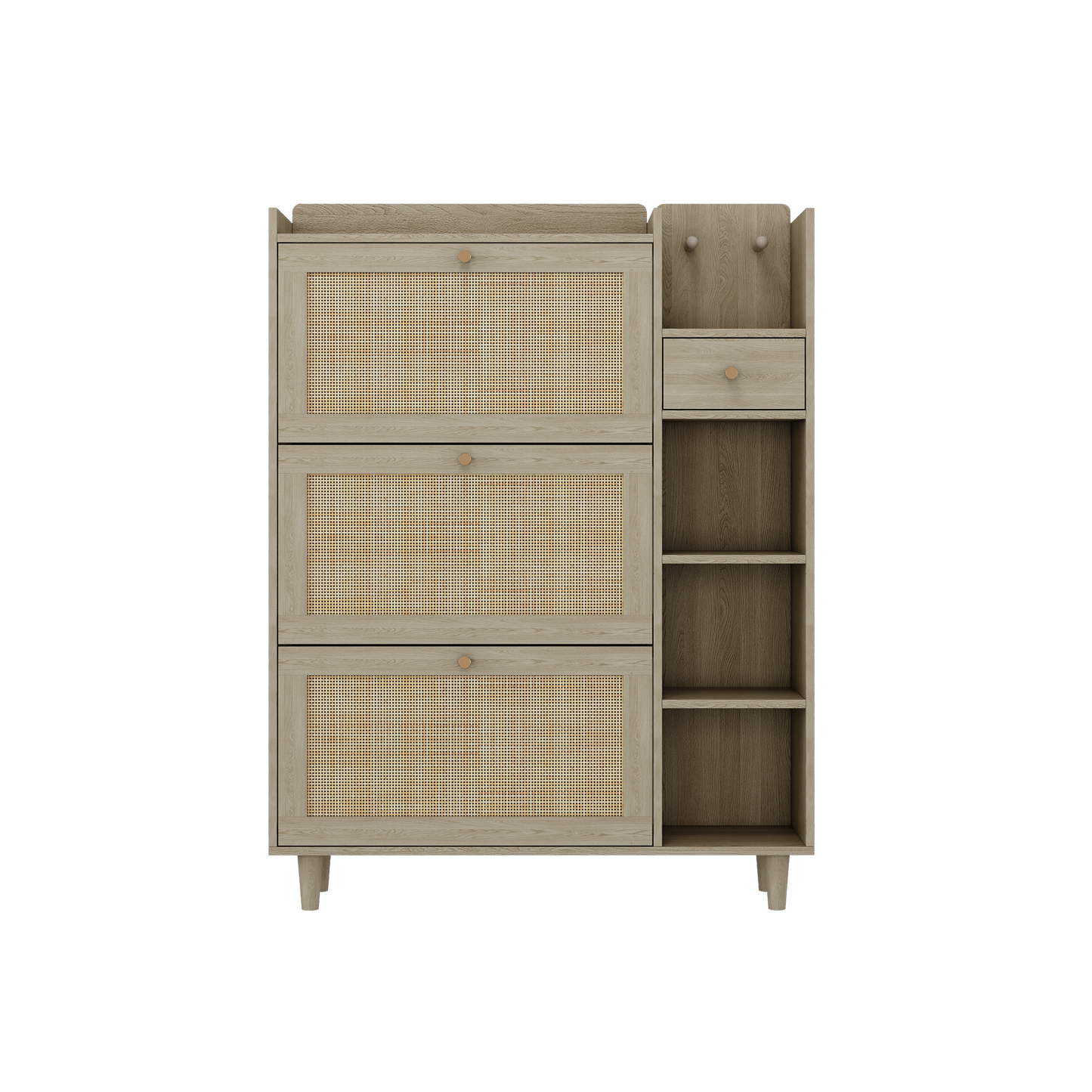 Natural Bohemian style shoe cabinet with 3 rattan flip drawers, 3 square shelves, and 1 storage drawer,  Natural