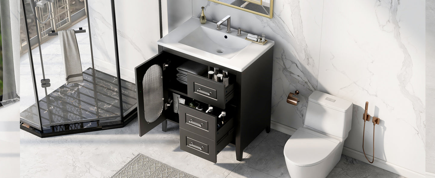 Bathroom Vanity with Sink, Bathroom Vanity Cabinet with Two Drawers and Door, Adjustable Shelf, Solid Wood and MDF, Black