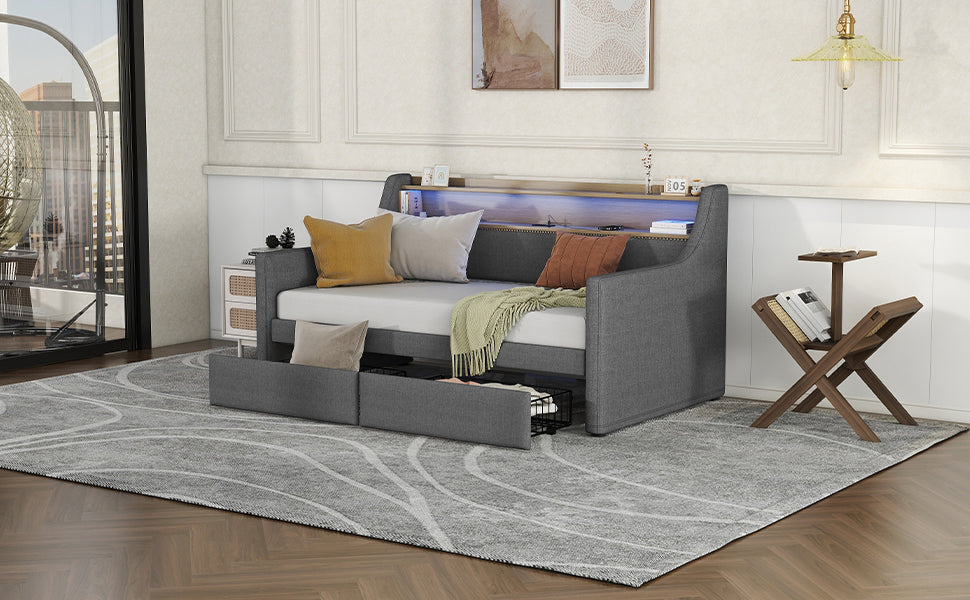 Twin Size Daybed with Storage Drawers, Upholstered Daybed with Charging Station and LED Lights, Gray