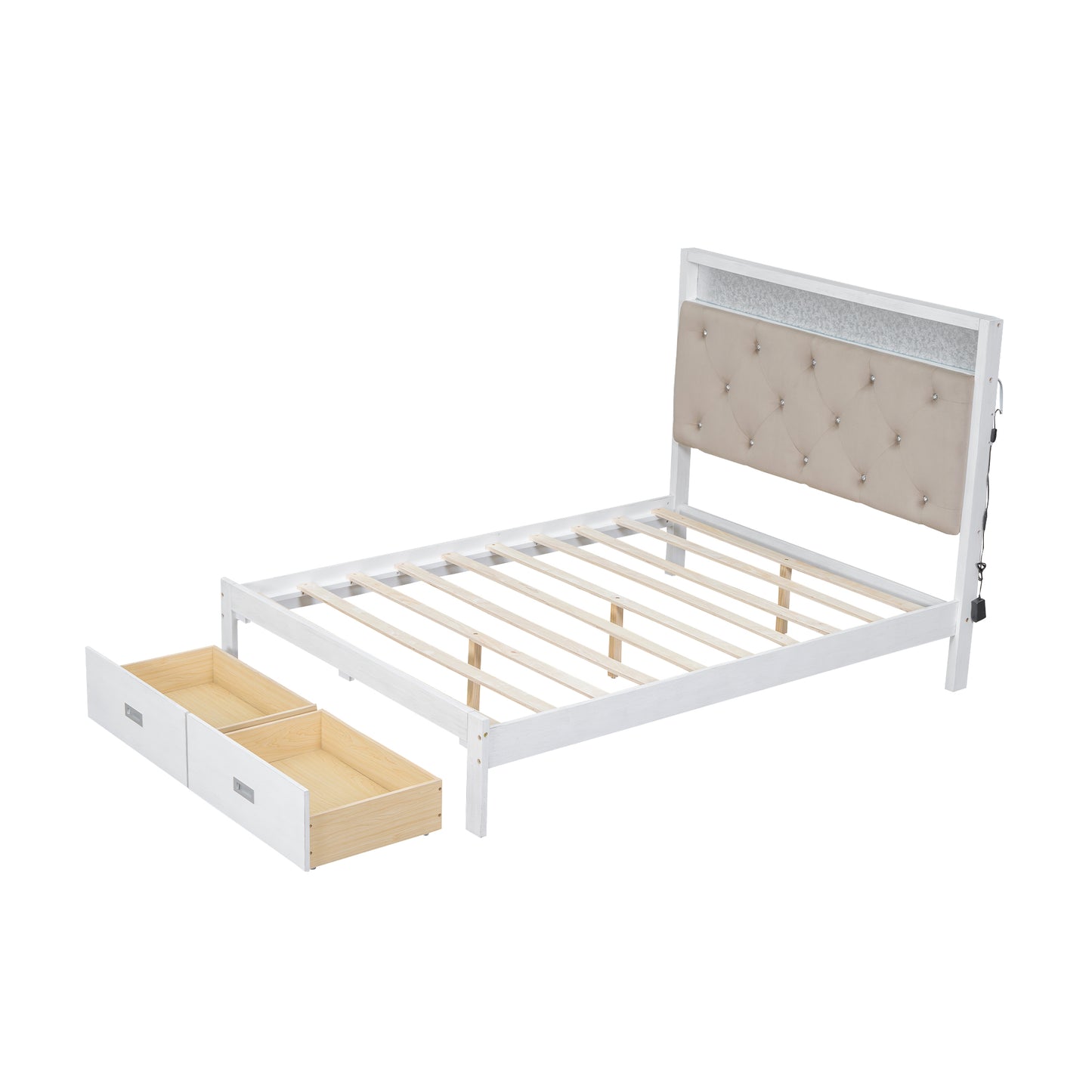 Wood Full Size Platform Bed with Upholstered Headboard and LED and 2 Drawers, Antique White