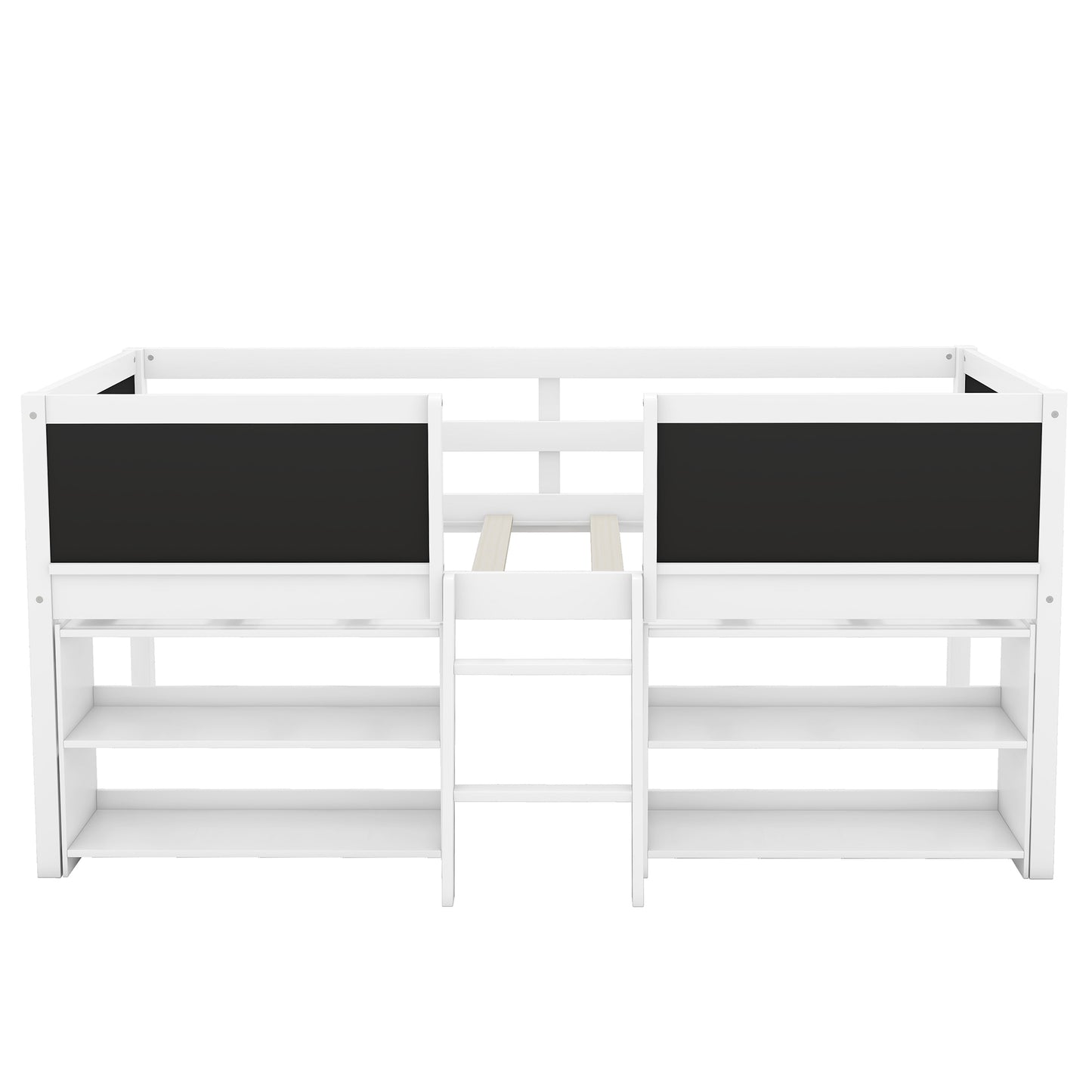 Twin Size Low Loft Bed with Two Movable Shelves and Ladder,with Decorative Guardrail Chalkboard,White