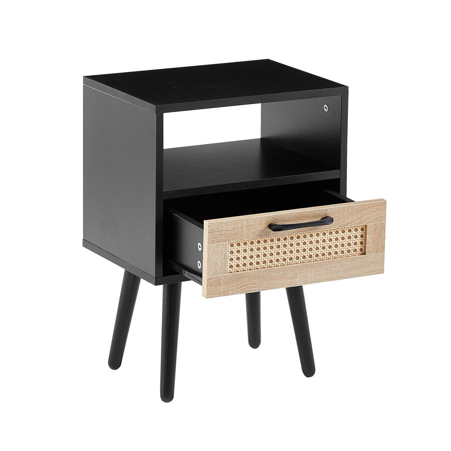 Rattan End table with drawer and solid wood legs Modern nightstand side table for living room black