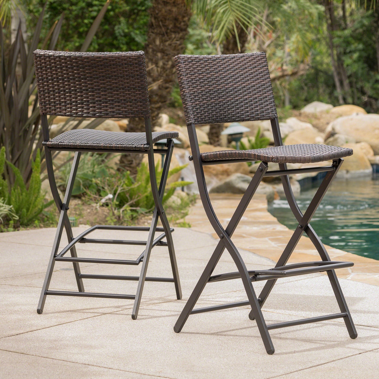 Outdoor Wicker Barstools Faux Rattan Patio Bar Stool Foldable Chair, 2-Pcs Set, Multibrown