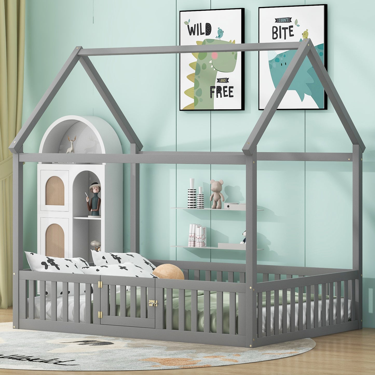 Full Size Wood House Bed with Fence and Door, Gray