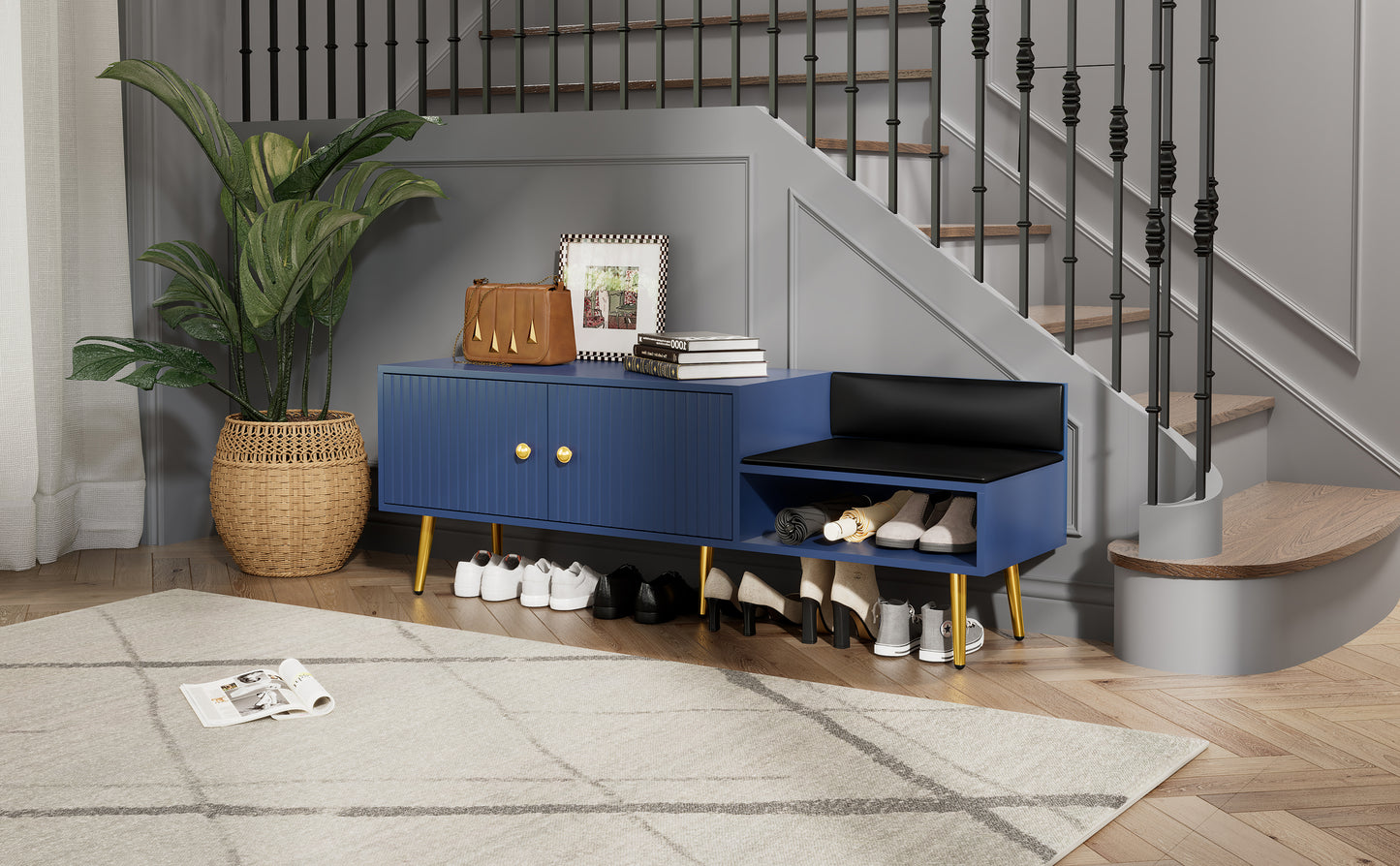 Modern Shoe Storage Bench with Hidden Storage and Upholstered Cushions, Navy Finish