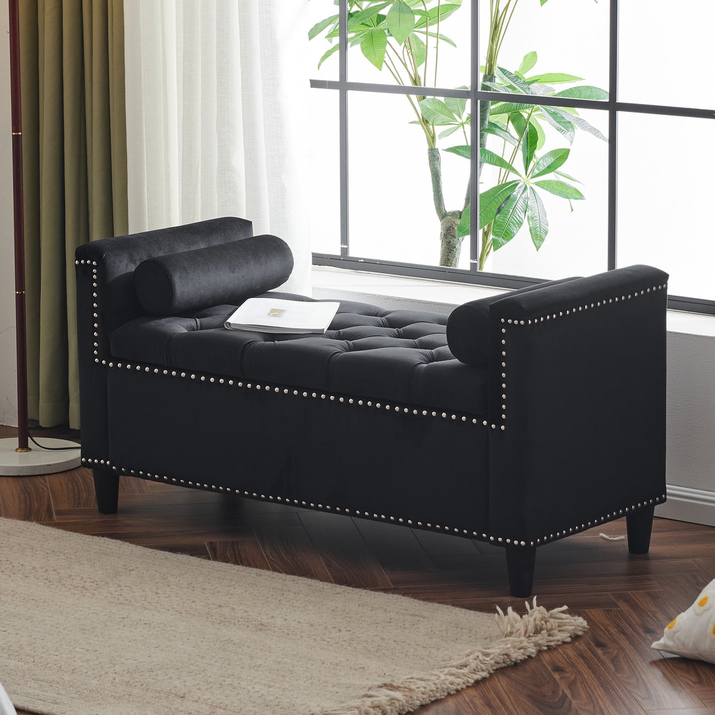 44.5-Inch Queen Velvet Storage Bench with Armrests and Nailhead Trim, Perfect for Entryways and Living Rooms, Black