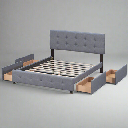 Upholstered Queen Platform Bed with Drawers Gray