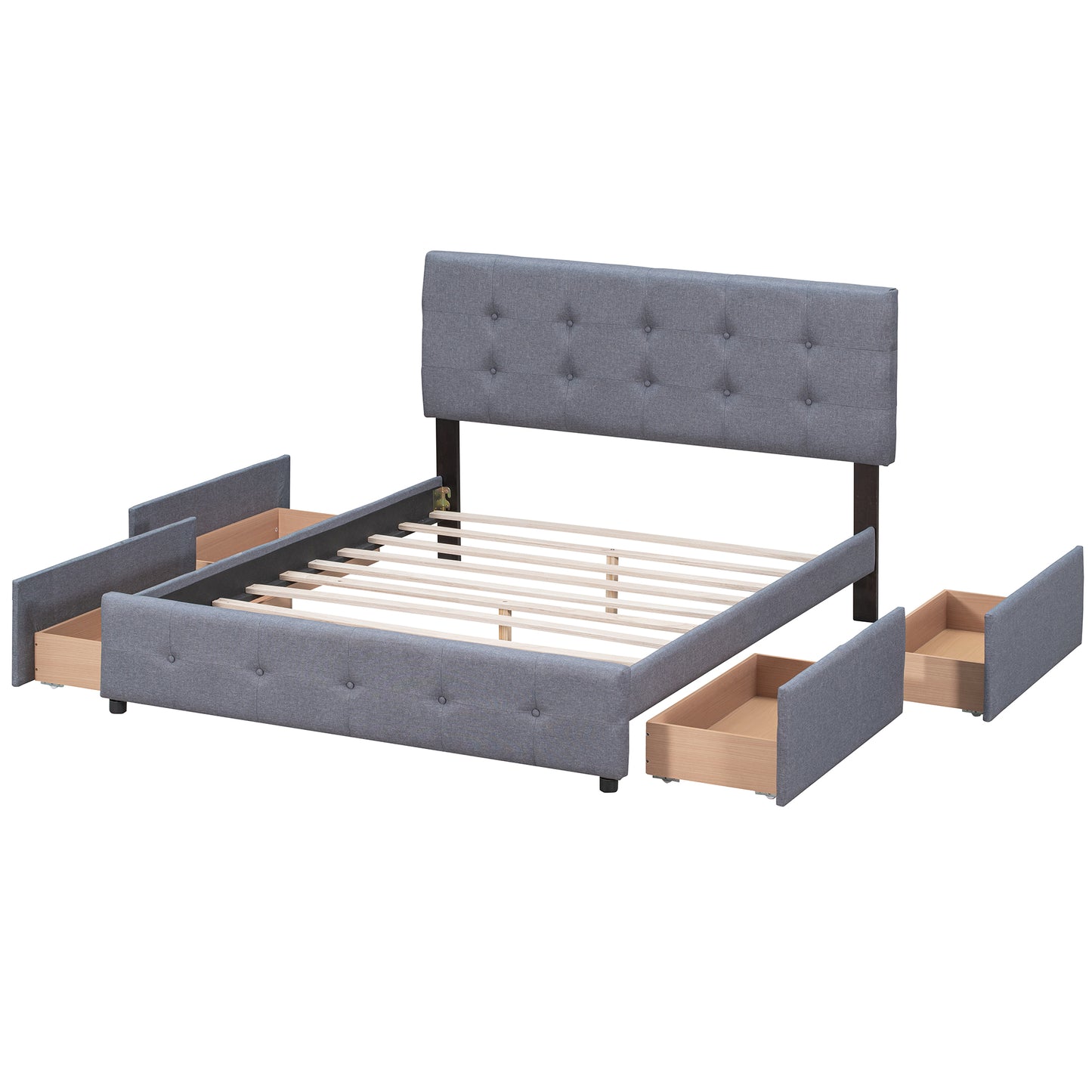 Upholstered Platform Bed with Classic Headboard and 4 Drawers Linen Fabric Queen Size Dark gray