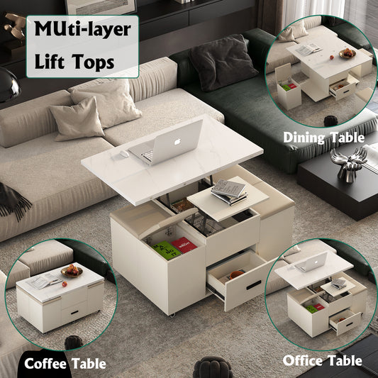 Modern Lift Coffee Table with 4 Chairs, Expandable Design with Hidden Storage and 2 Drawers