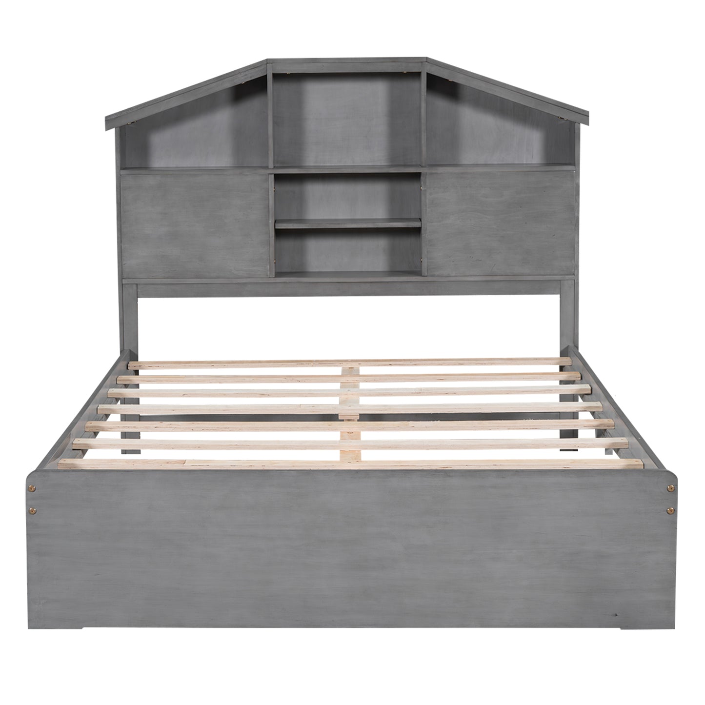 Full Size Wood Platform Bed with House-shaped Storage Headboard and 2 Drawers Gray