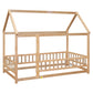 Twin Size Floor Wooden Bed with House Roof Frame, Fence Guardrails