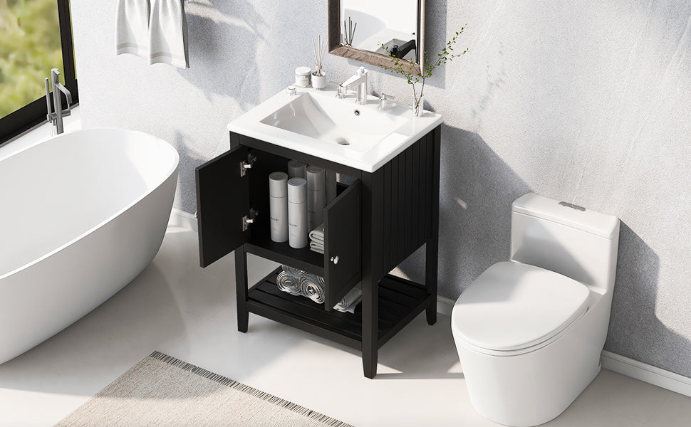 Black Modern Sleek Bathroom Vanity Elegant Ceramic Sink with Solid Wood Frame Open Style Shelf