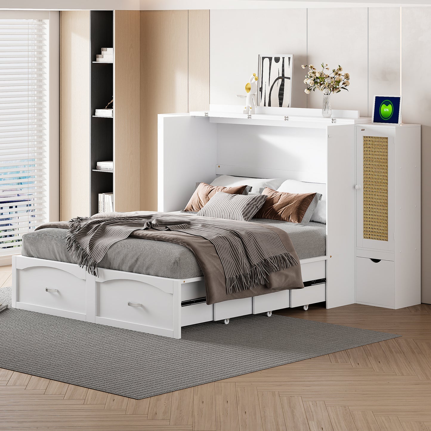 Cama plegable grande con cajones, gabinetes de almacenamiento y puertos USB, acabado blanco