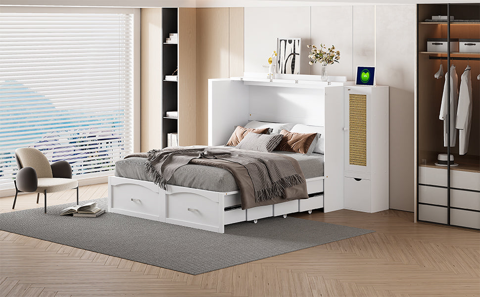 Cama plegable grande con cajones, gabinetes de almacenamiento y puertos USB, acabado blanco