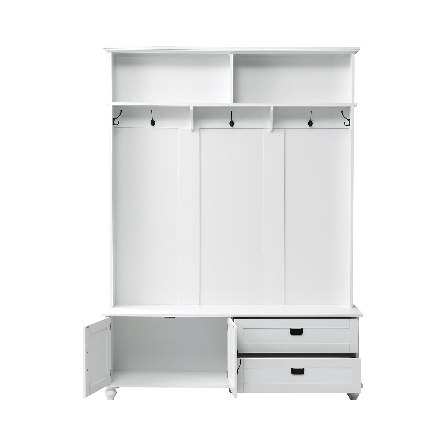 ON-TREND Modern Hall Tree with Storage Cabinet, 2 Large Drawers, and 5 Coat Hooks, White