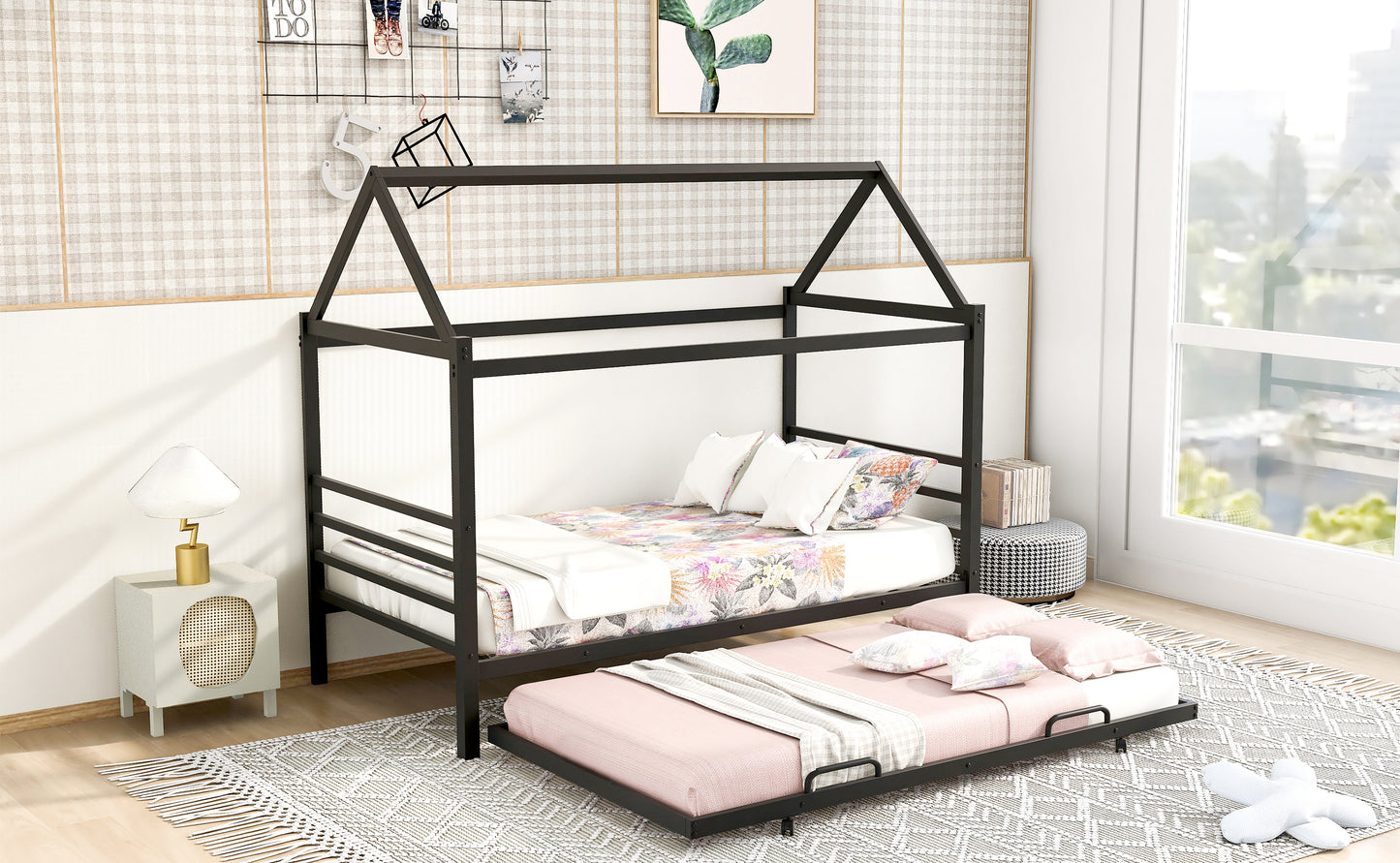 Twin Size Metal House Shape Platform Bed with Trundle Black