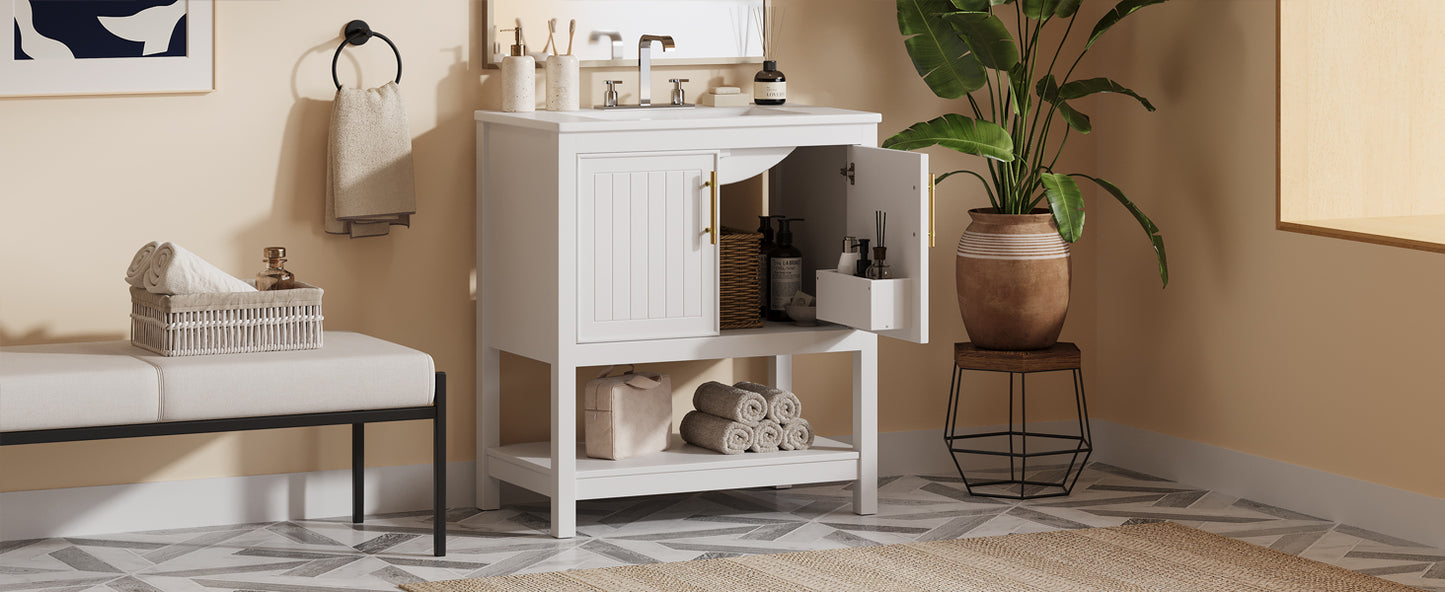 30-Inch White Bathroom Vanity with Ceramic Sink and Versatile Storage - Ideal for Small Bathrooms