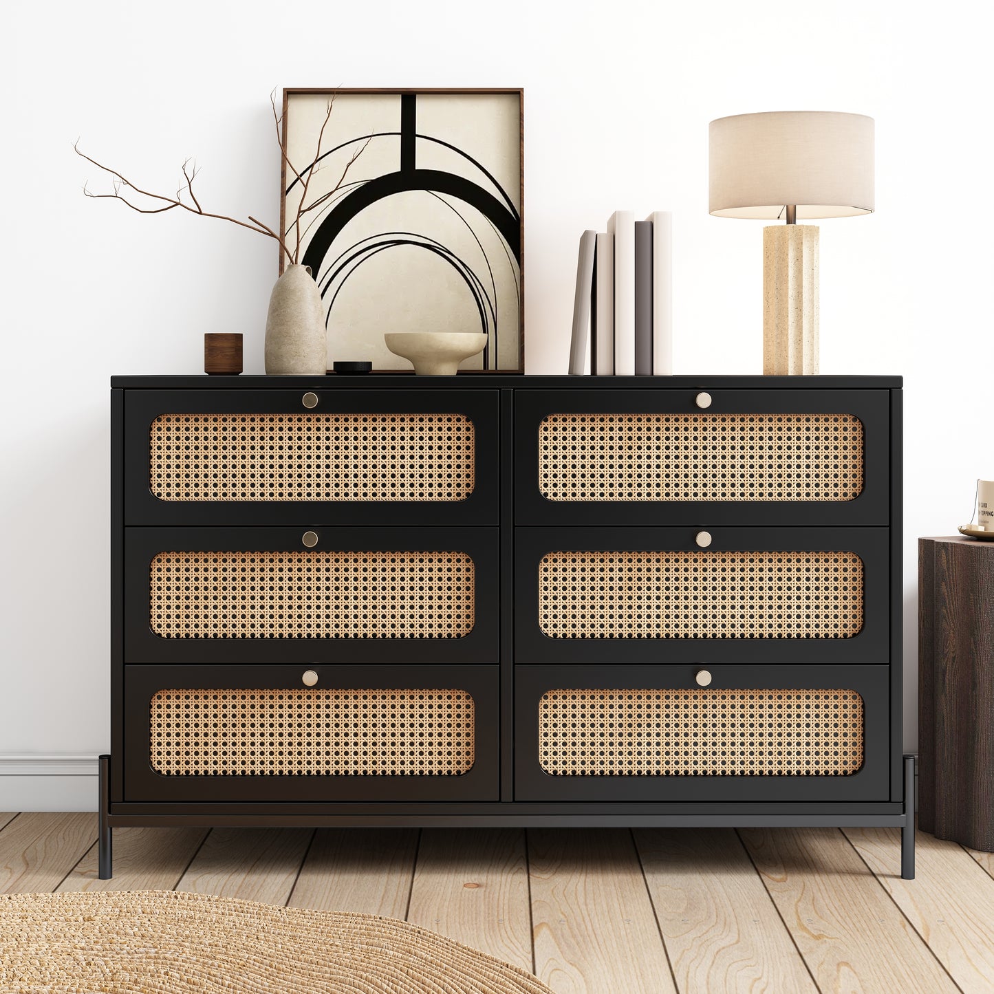 Modern Hemp Vine Wood Closet with 6 Drawers, Dressing Table, and Black Side Panel