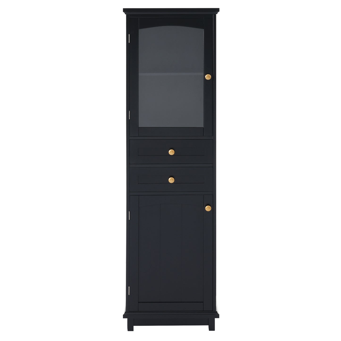 Tall Bathroom Storage Cabinet with Glass Doors, Free-Standing, Two Drawers, and Adjustable Shelves, MDF Board, Painted Black