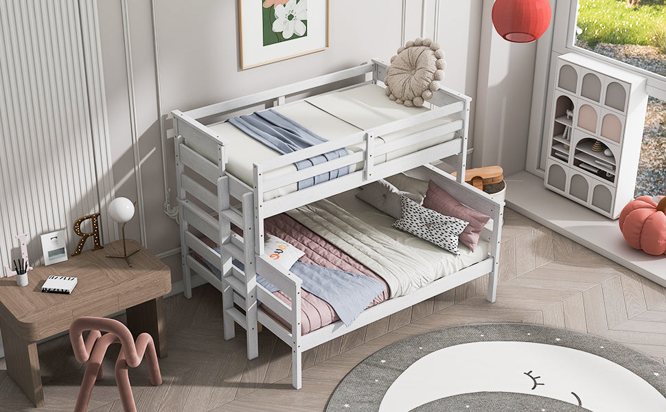 Wood Twin over Full Bunk Bed with Ladder White