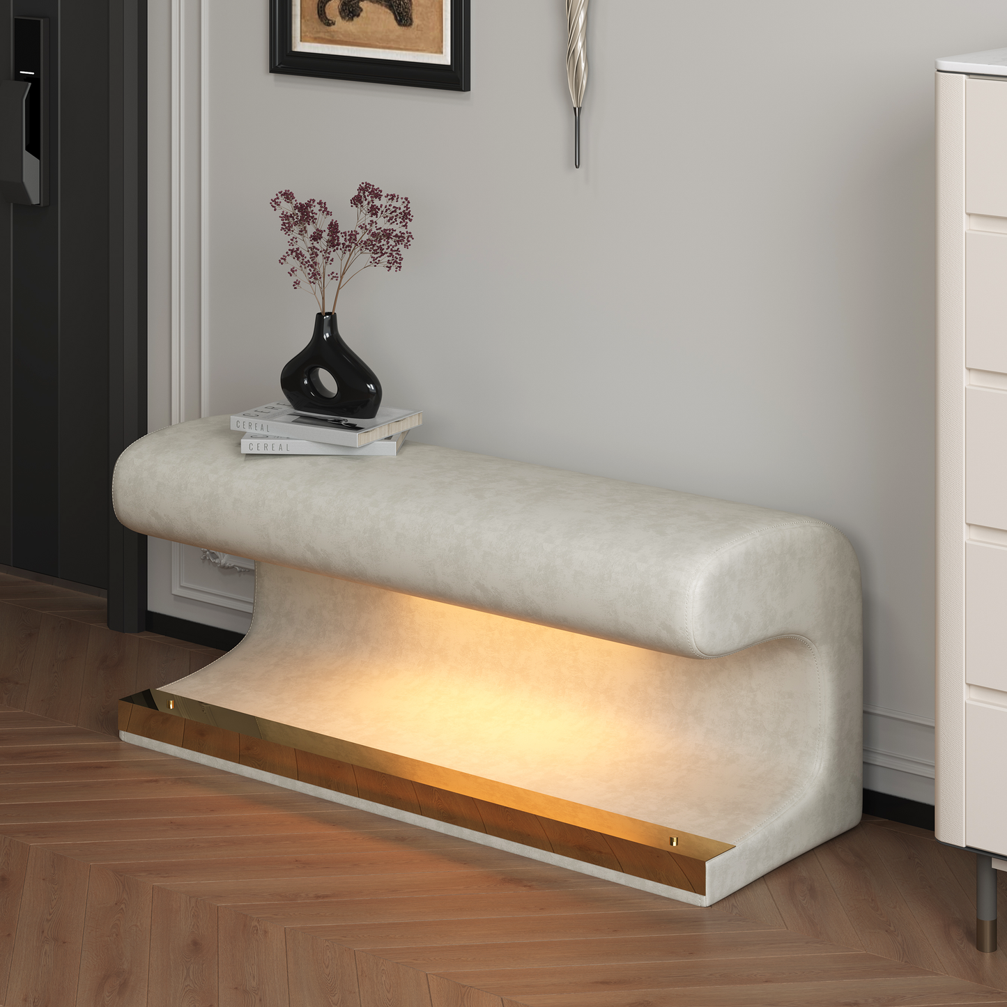 Entryway Bench Leather Upholstered Ottoman with LED sensor light for living room ,bedroom,end of bed ，Beige