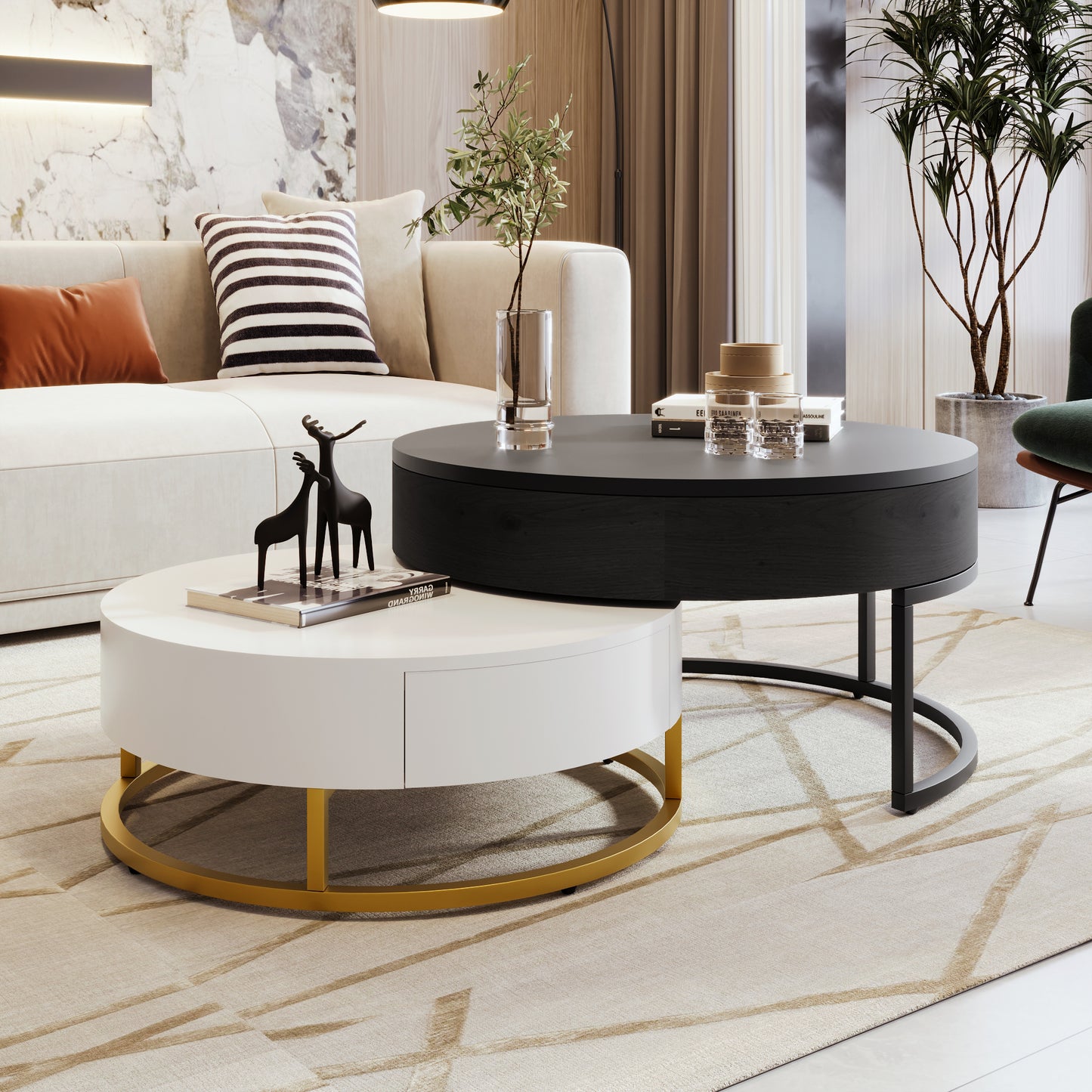 Modern Round Lift-Top Nesting Coffee Tables with 2 Drawers, White and Black Finish