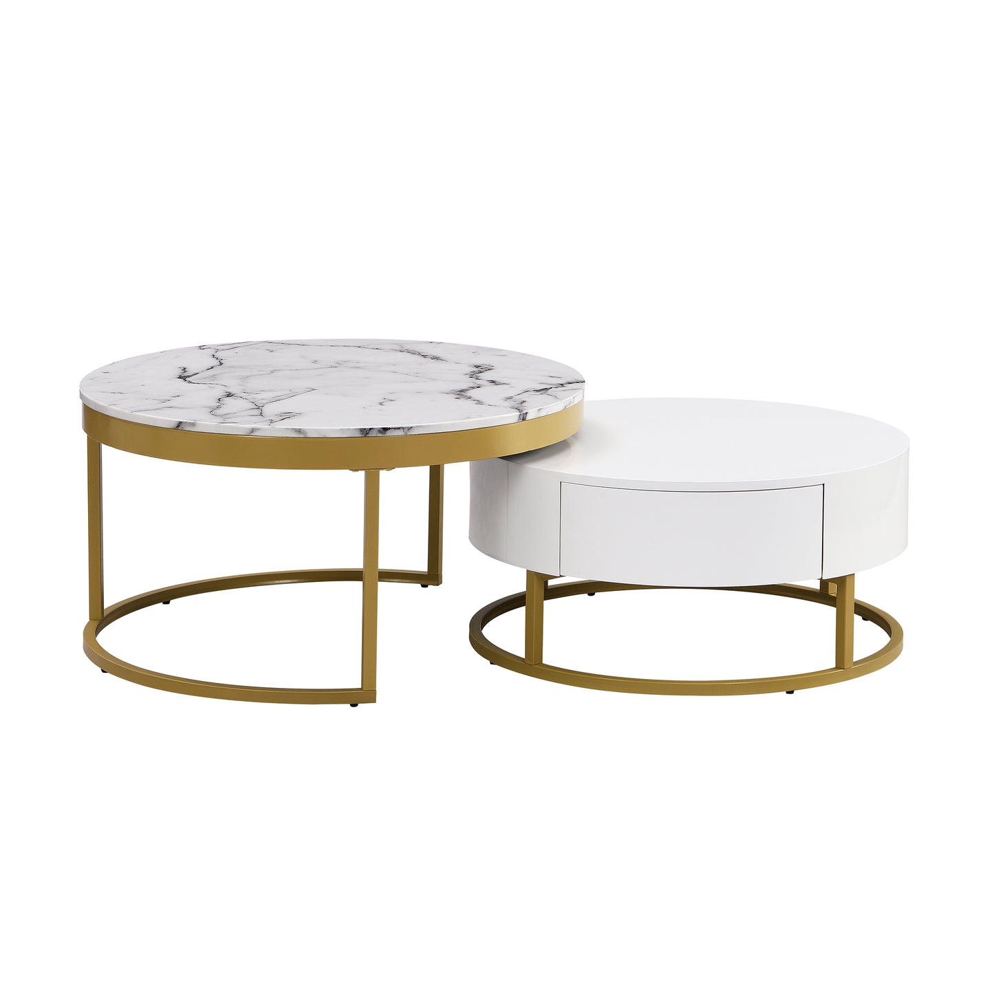 Modern Round Nesting Coffee Table with Drawers, White Finish for Living Rooms