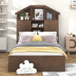 Twin Size Wood Platform Bed with House-shaped Storage Headboard and 2 Drawers Walnut