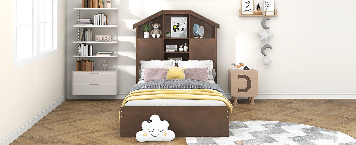 Twin Size Wood Platform Bed with House-shaped Storage Headboard and 2 Drawers Walnut