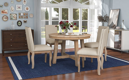 TREXM 5-Piece Farmhouse Dining Table Set with Round Extendable Table and 4 Upholstered Chairs, Natural Wood Wash