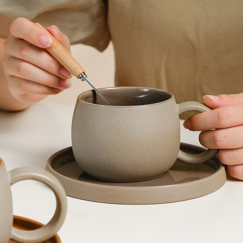 Juego de tazas de café de cerámica retro de gres, combinación de taza y platillo japonés