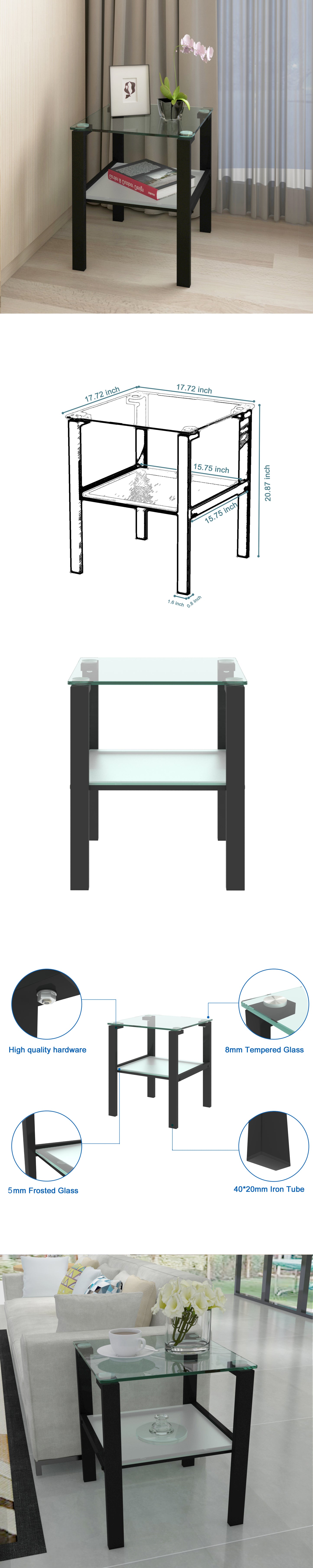 Glass Two-Layer Tea Table, Small Round Design for Bedroom Corners and Living Rooms, Black Finish