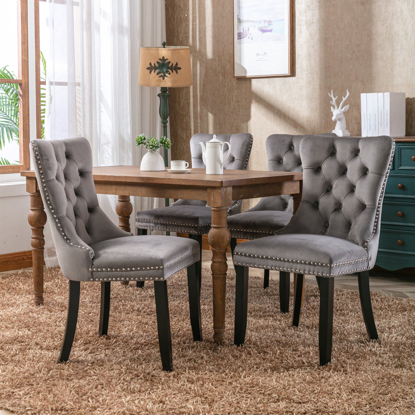 Modern high-end plush solid wood velvet cushioned dining chair with wooden leg nail head decoration, two piece set in gray