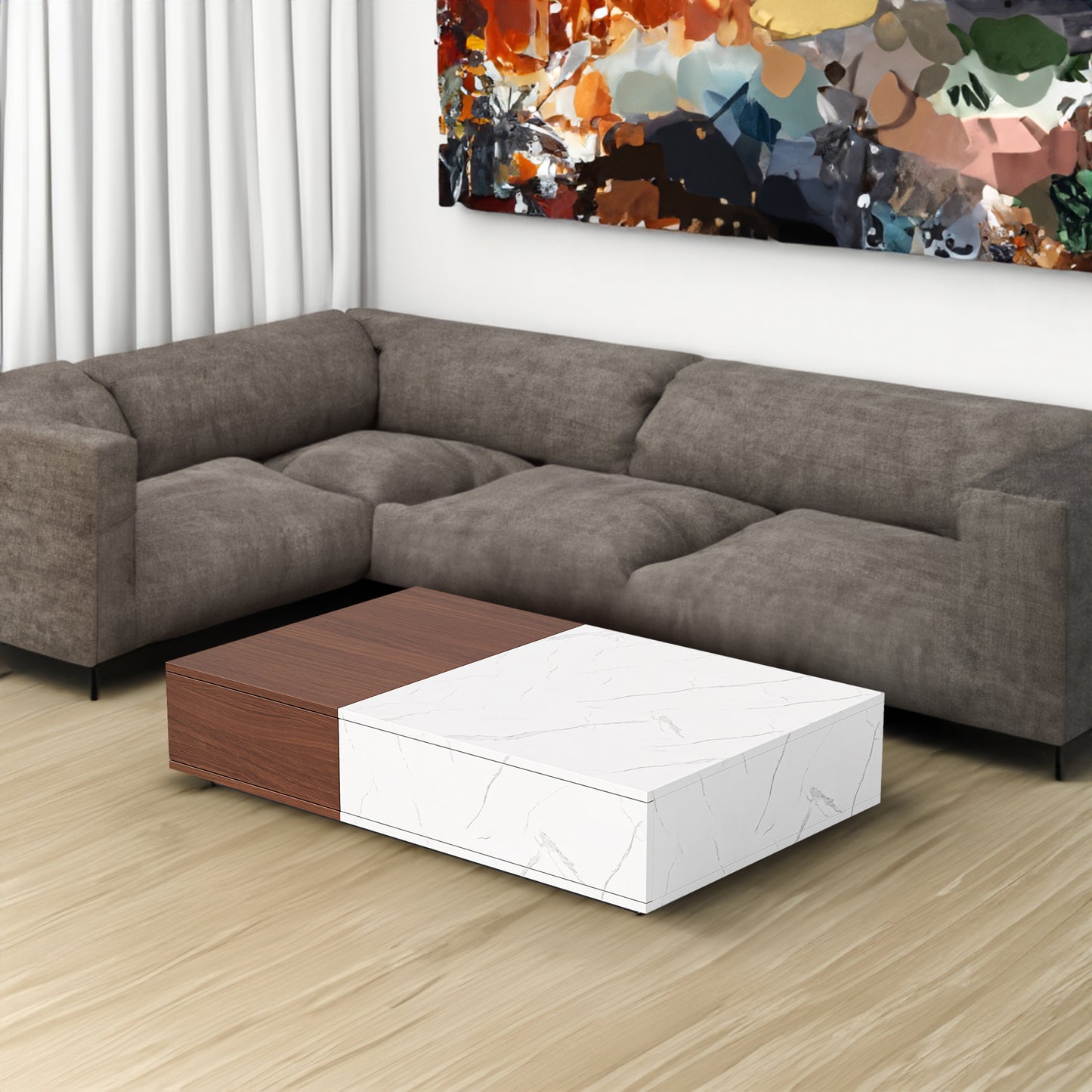 Modern Walnut Coffee Table with Two Storage Spaces, Stylish and Functional for Living Rooms